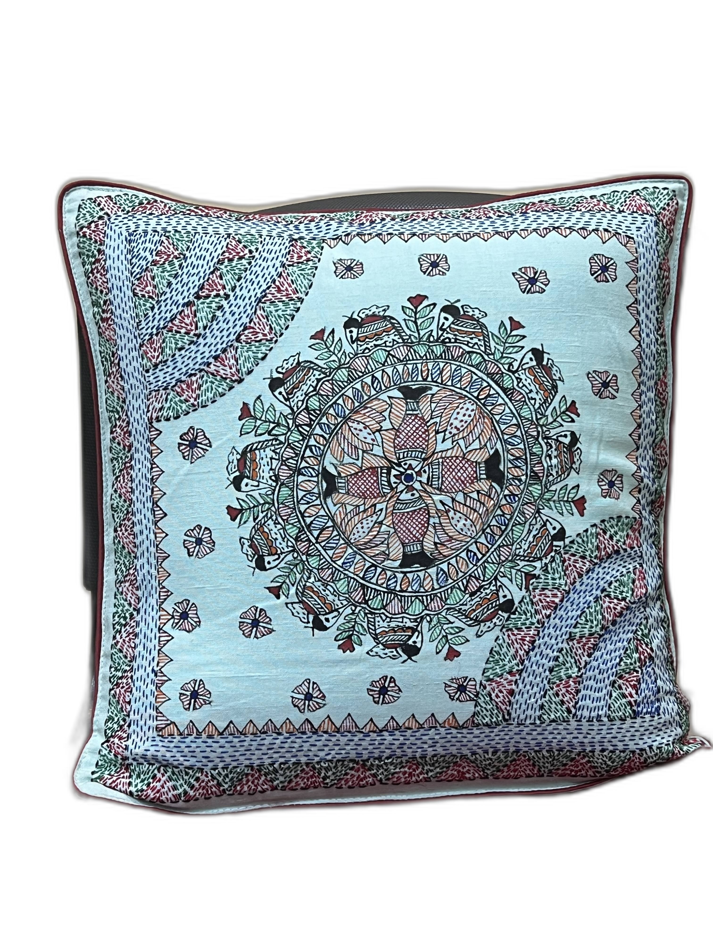 MADHUBANI AND SUJANI HAND-CRAFTED CUSHION COVER- FOUR FISH MOTIF